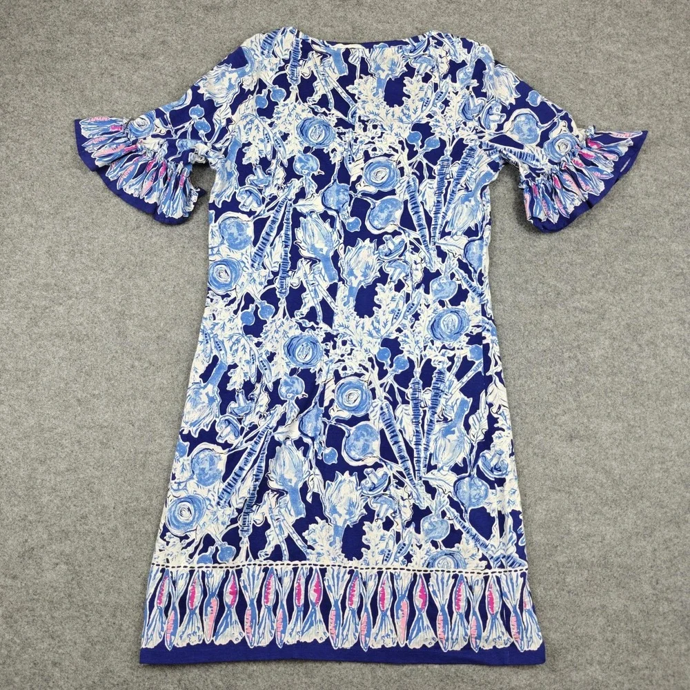Lilly Pulitzer Dress Womens‎ Small Blue Floral Jersey Ruffle Bell Sleeve Shift